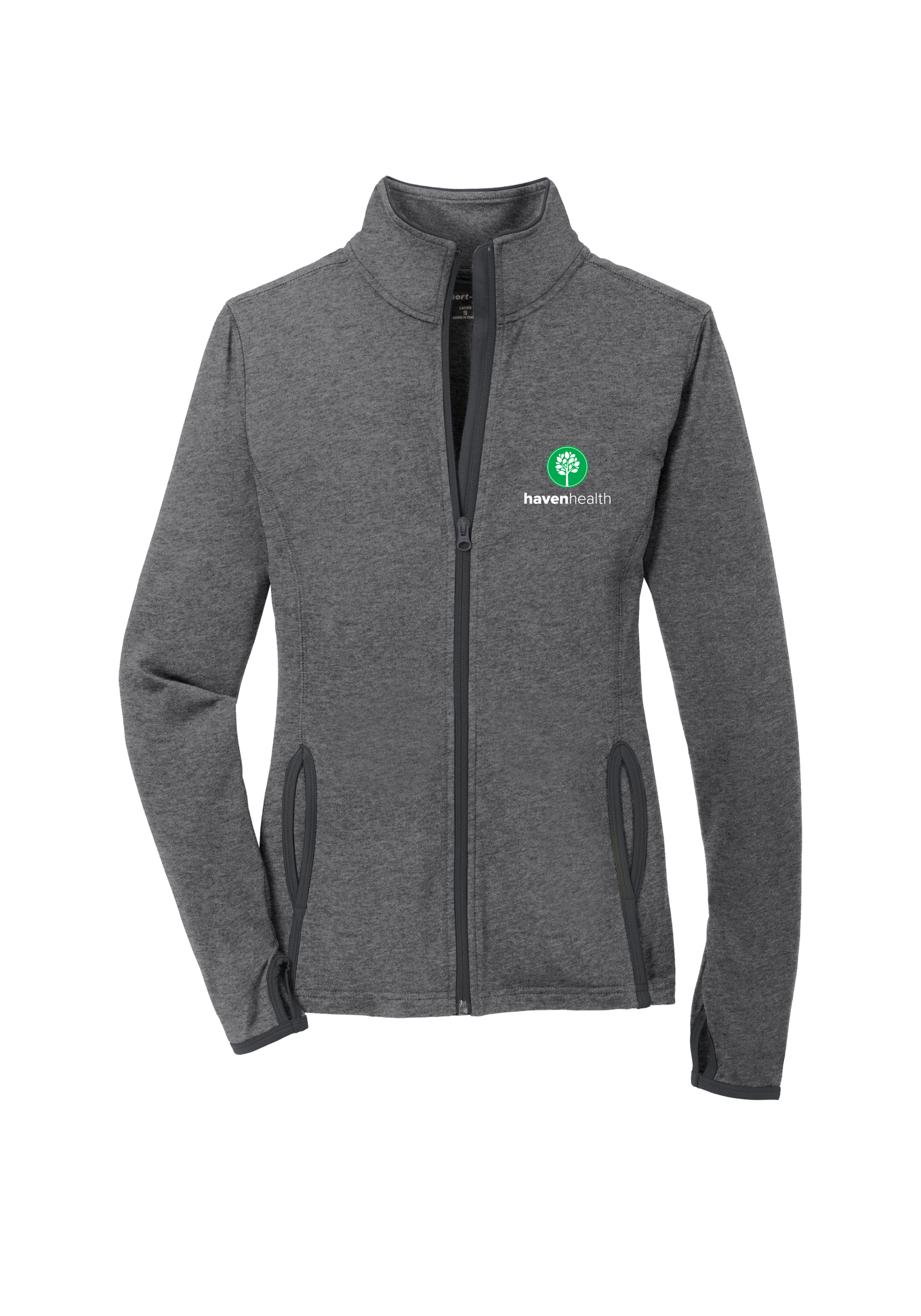 HAVEN HEALTH - Sport-Tek® Women's Sport-Wick® Stretch Contrast Full-Zip Jacket (Charcoal Grey Heather/ Charcoal Grey)