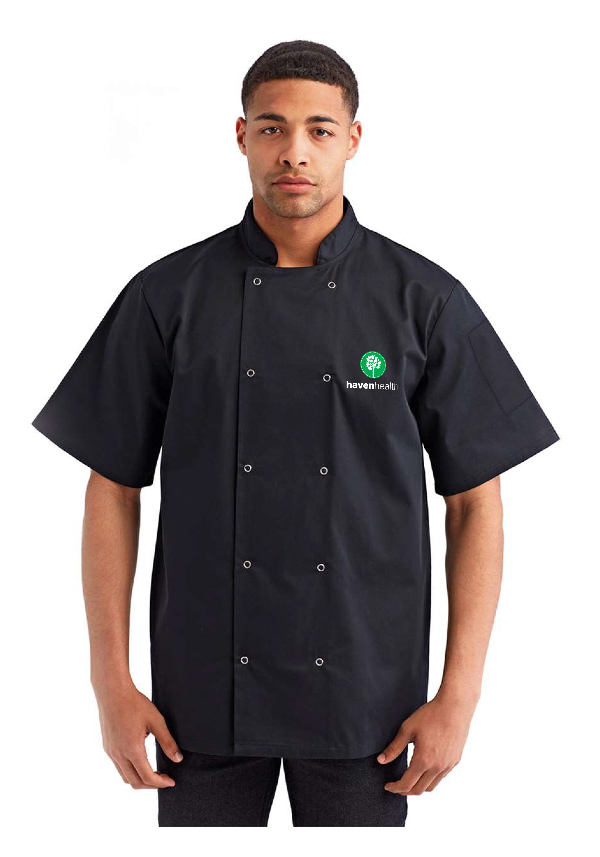 HAVEN HEALTH - Reprime - Ten Studded Front Chef Short Sleeve Coat (BLACK) RP664