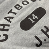 Gray t-shirt with black text and logo on a white background