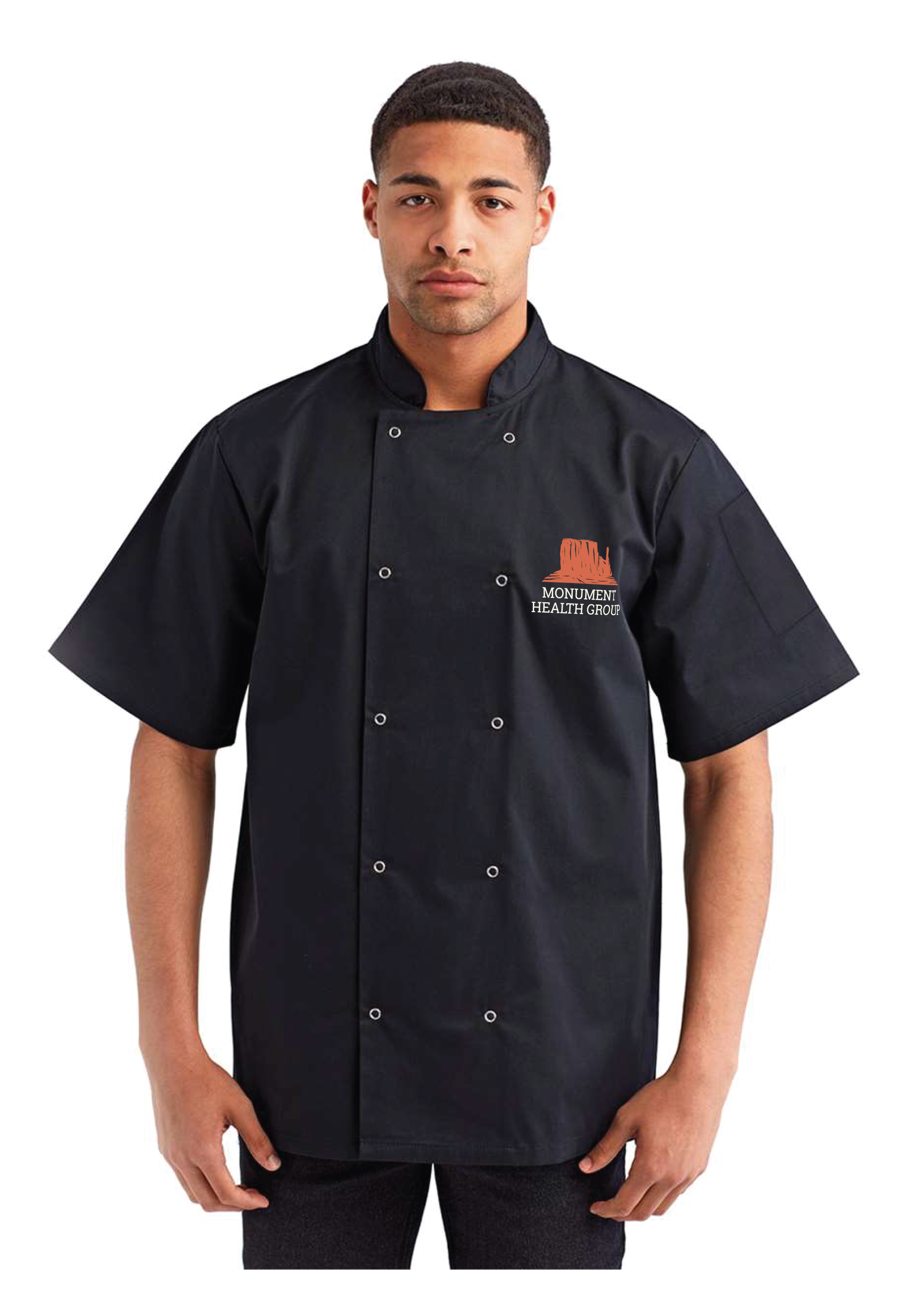 MONUMENT HEALTH - Reprime - Ten Studded Front Chef Short Sleeve Coat (BLACK) RP664
